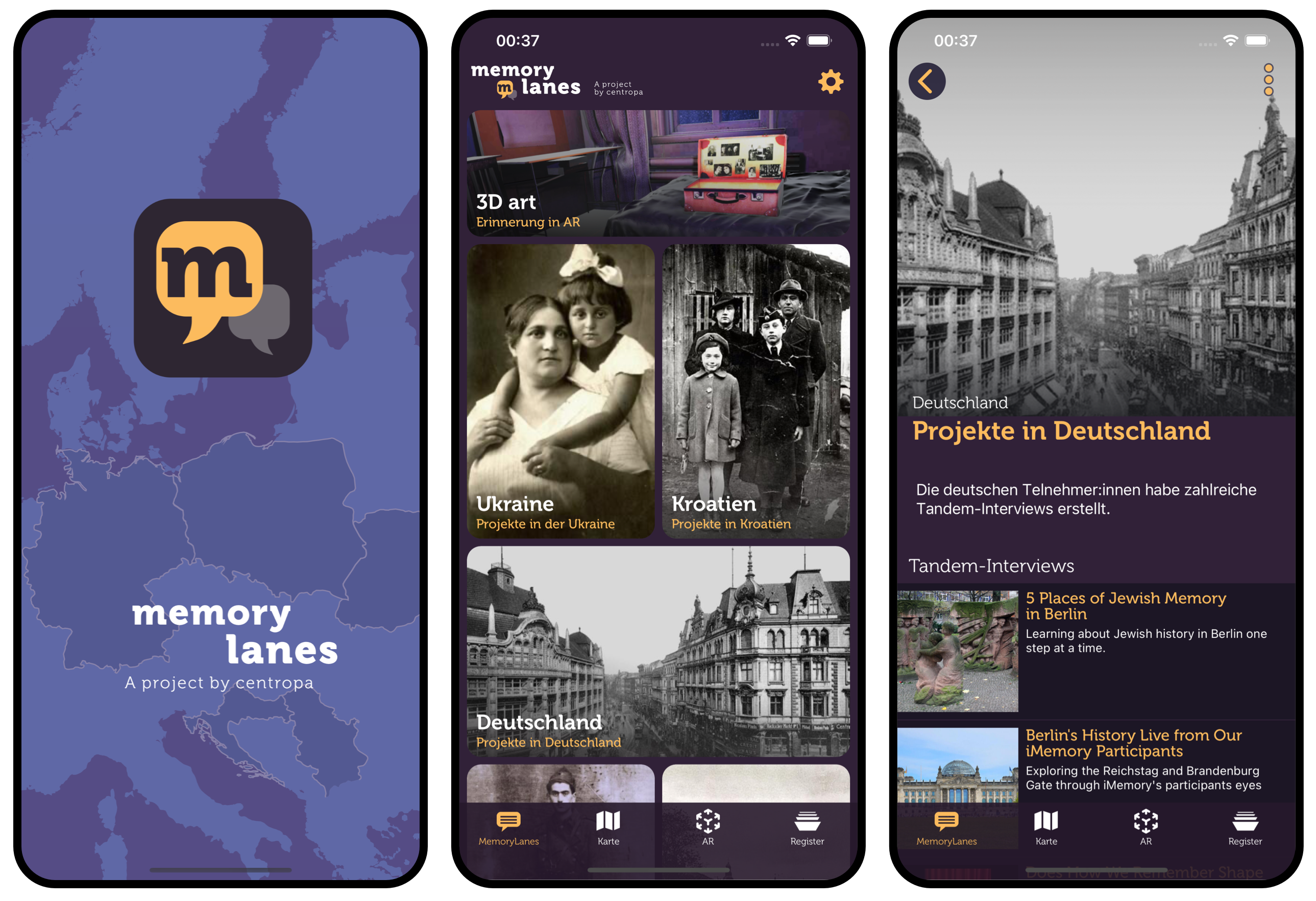 MemoryLanes app screens